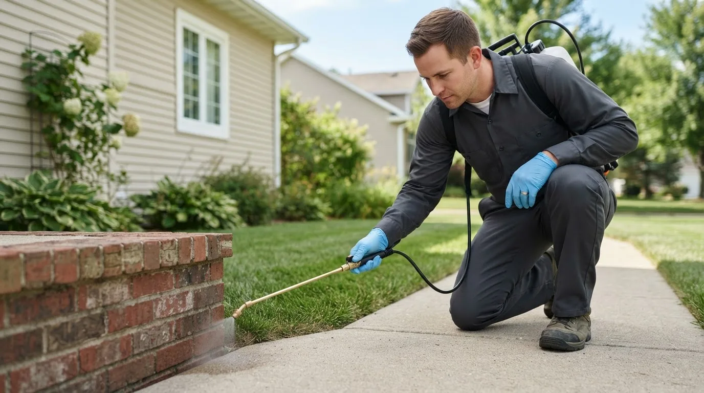 Pest control technician treating a home near Paloma, IL