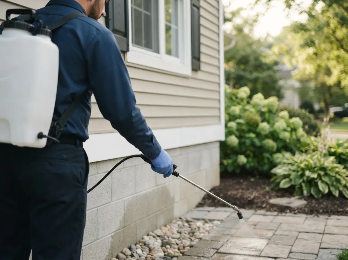 Pest control technician inspecting a home in Paloma, IL